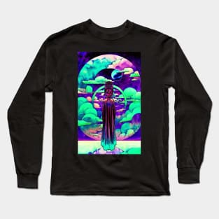 Watercolored Demon Oni Masked Geisha Long Sleeve T-Shirt